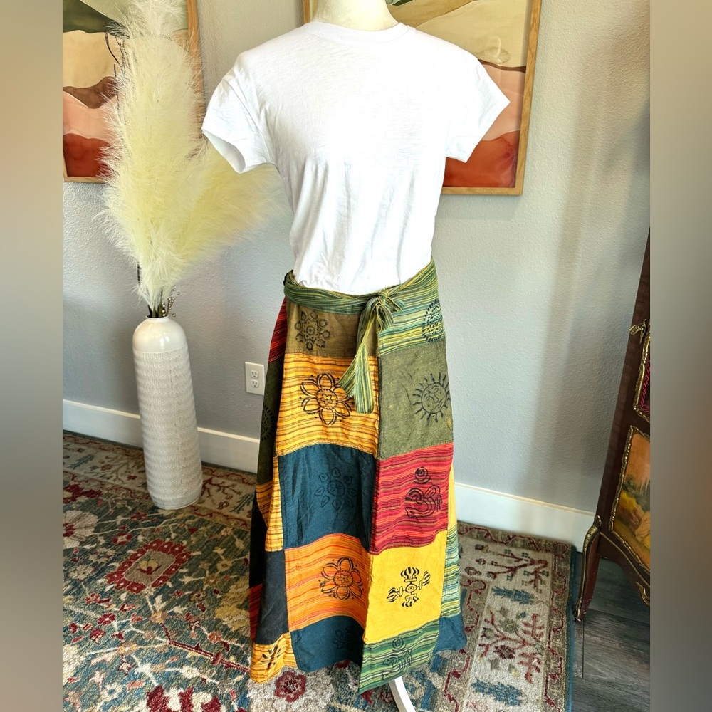 Artisan Nepal Patchwork Cotton Wrap Skirt- Gold Green Blue